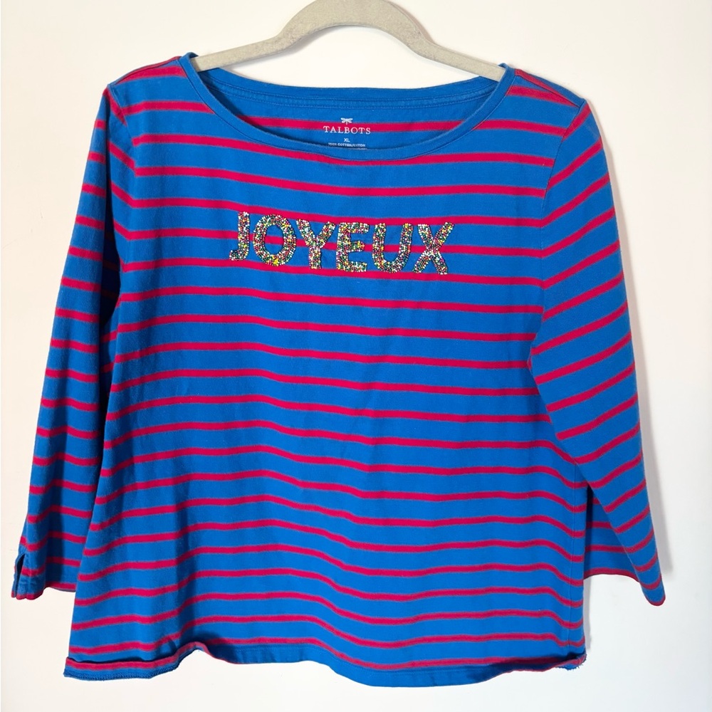 Talbots cotton blue and red striped beaded tee shirt size XL